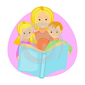 Mother reading book to her children