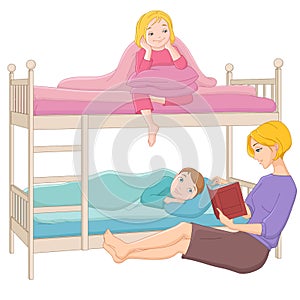 Mother reading a book to her children. Vector illustration.
