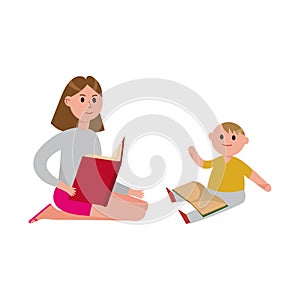 Mother reading a book to her cute son cartoon characters vector Illustration