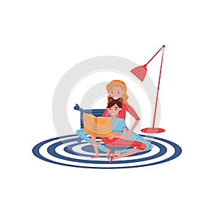 Mother reading book to her daughter. Cute girl and young woman sitting on carpet at home. Flat vector design