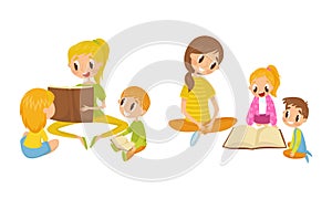Mother Reading Book to Her Kids Vector Illustration Set
