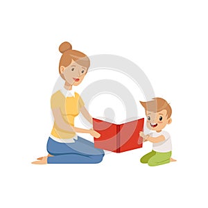 Mother reading a book to her little son vector Illustration on a white background