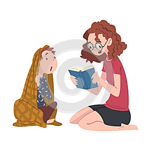 Mother Reading Book to her Little Son Wrapped in Blanket, Family Members Spending Good Time Together Cartoon Style