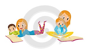 Mother Reading Book to Her Son Vector Illustration Set