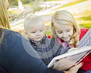 Mother Reading a Book to Her Two Adorable Blonde Children