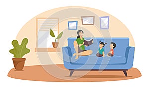 Mother Reading Book to Kids, Happy Family Sparetime, Relax, Spend Time Together at Home, Parent Read to Children