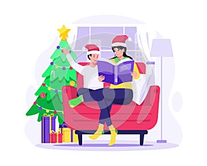 Mother is reading a fairy tale book to her son at home. sitting on the sofa and near the Christmas tree. Vector illustration