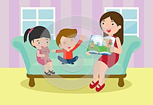 Mother reading fairy tales to her son and daughter, family, reading and telling book fairy tale story, Kids Listening to Their mom