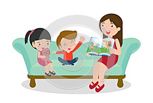 Mother reading fairy tales to her son and daughter, family, reading and telling book fairy tale story, Kids Listening to Their mom