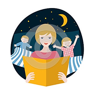 Mother reading fairytale book to her children in the evening. Bedtime. Vector illustration