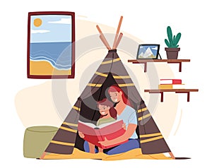Mother Reading with Little Daughter Sitting in Toy Wigwam in Kids Room. Happy Family Characters Spending Time Together