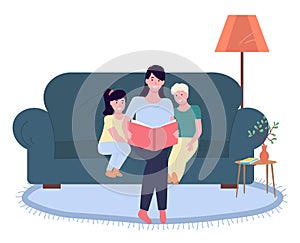 Mother reading a story to children, happy family, fairy tale, vector graphics. Child care parenting