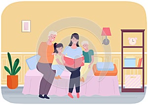 Mother reading story to children, happy family, fairy tale, vector graphics. Child care, parenting