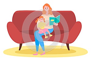 Mother is reading a story to her child, happy family, fairy tale, vector graphics. Child care