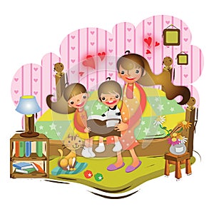 mother reading a storybook to her children. Vector illustration decorative design