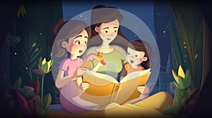 A mother reads a bedtime story to her children