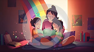 A mother reads a bedtime story to her children