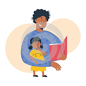 Mother reads a book to her child, african american woman and girl. Mom and daughter reading or studying  together. Home education