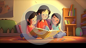 A mother reads a story to her children