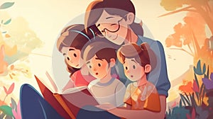 A mother reads a story to her children