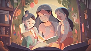 A mother reads a story to her daughters