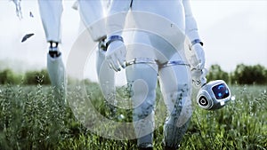 Mother robot with her baby robot in the meadow on the background of a futuristic city. Family of the future. Robofamily