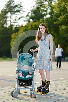 Mother on roller skates with baby stroller