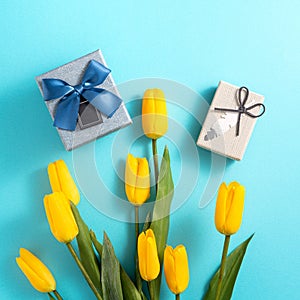 Mother`s day background concept. Top view design of holiday greeting tulip flower bouquet on bright blue table background