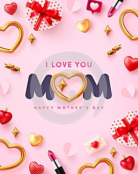 Mother\'s day banner with MOM word and golden cute heart and love and cute elements on pink background.