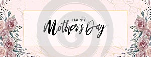 Mother`s day banner with roses bouquet watercolor paint on peach background,Vector illustration backdrop of beautiful pink flower