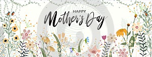 Mother's day banner with Spring flowers border on green pastel background,Vector illustration horizontal backdrop of cute