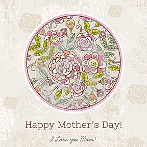 Mother's Day card with big round of spring flowers, vector