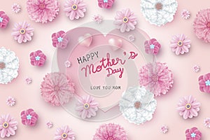Mother`s day card concept design of paper hearts shape and pink