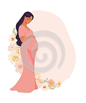 Mother s Day card with copy space, pregnant woman with flowers, cute lady expecting the birth of a child, concept of