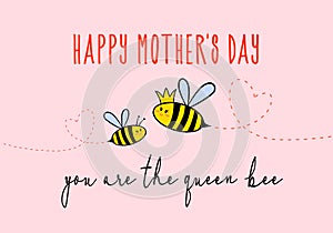 Mother`s day card with cute bee, vector