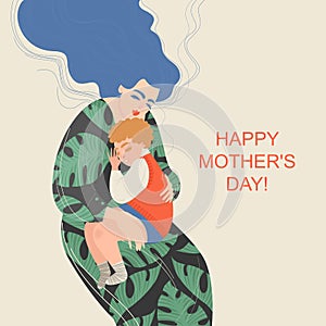 Mother`s Day card with a cute woman holding a baby on her knees