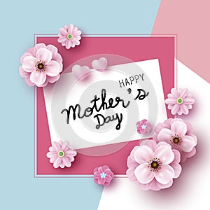 Mother`s day card design of pink flowers on color paper background