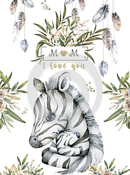 Mother's day card. Hand drawn watercolor cute zebras mother and baby. Cartoon illustration isolated on white background