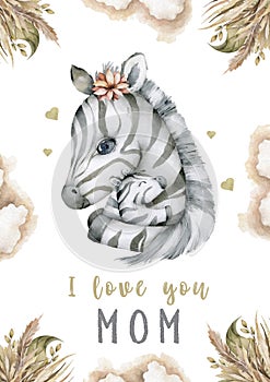 Mother`s day card. Hand drawn watercolor cute zebras mother and baby. Cartoon illustration isolated on white background