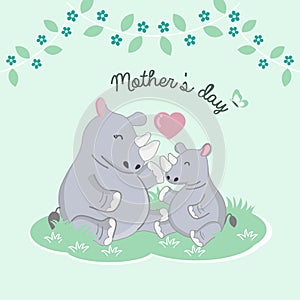 Mother`s day card. Happy Rhino and baby cartoon.