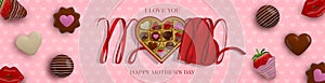 mother\'s day card with heart shaped chocolate box. happy mother\'s day banner with realistic chocolate box and sweets