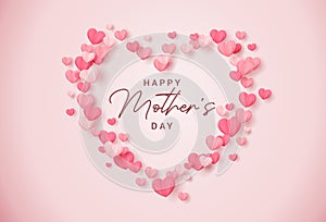 Mother's Day card in pink with lettering in a heart made up of many small hearts, vector design
