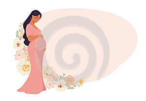 Mother s day card, pregnant woman with flowers and place for text, cute lady expecting the birth of a baby, concept of