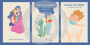 Mother`s day card set with cute cartoon characters