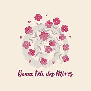 Mother\'s Day card. Text in French - Happy Mother\'s Day. Holidays lettering. Ink illustration. Postcard design
