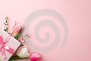 Top view photo of stylish pink giftbox with ribbon bow and bouquet of tulips on isolated pastel pink background