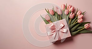 Mother's Day concept. Top view photo of stylish pink giftbox with ribbon bow and bouquet of tulips on isolated pastel pink