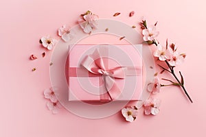 Mother's Day decorations concept. Pink gift with bow and pink flowers