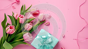 Mother's Day decorations concept. Top view photo of trendy gift boxes with ribbon bows and tulips on isolated pastel