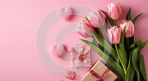 Mother's Day decorations concept. Top view photo of trendy gift boxes with ribbon bows and tulips on isolated pastel